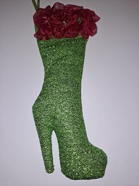 Green Glitter High Heel Sock Ornament with Red Ruffle